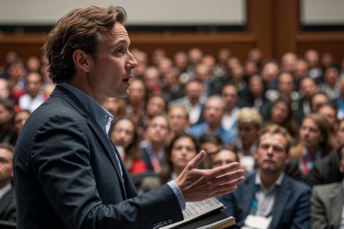 speaker, person, audience, crowd, conference, group, public, event, meeting, auditorium, politician, politics, man, portrait, speech, democracy, ai generated